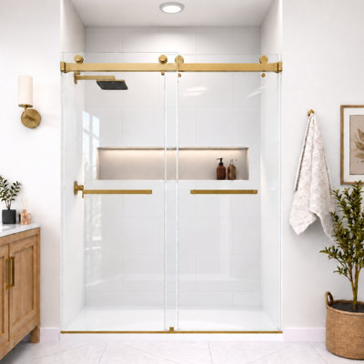 Catalyst 62"- 67" W x 76" H Double Sliding Frameless Shower Door in Brushed Bronze with 3/8" Clear Glass