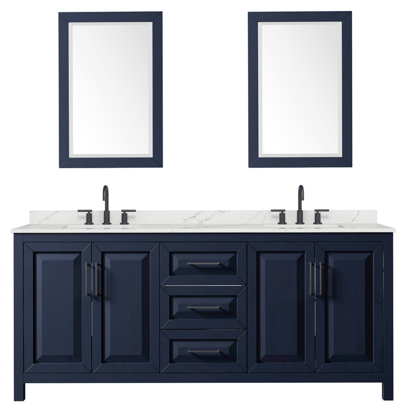 Ensemble de meuble-lavabo double 80 po avec dessus en quartz et miroir Daria, Quartz blanc, Bleu, Noir mat