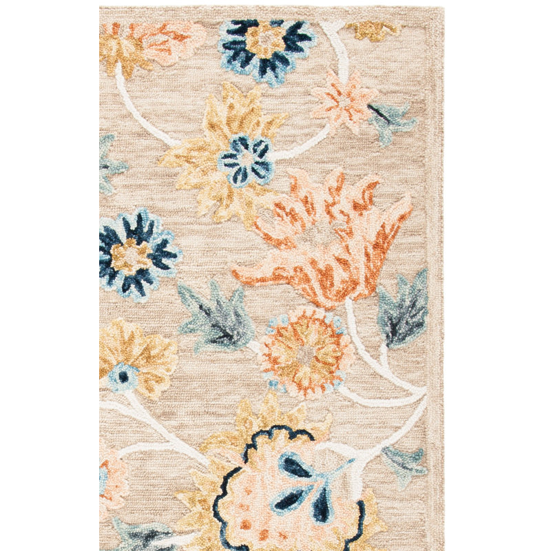 Camron Floral Handmade Tufted Wool Beige/Blue Area Rug, Rectangle 3' x 5'