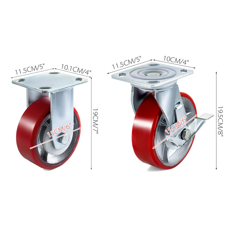 Ensemble de 4 roulettes industrielles robustes avec freins - Roulettes pivotantes en polyuréthane de 6 po et plaque de base en fer pour meubles d'une capacité de 1000 lb