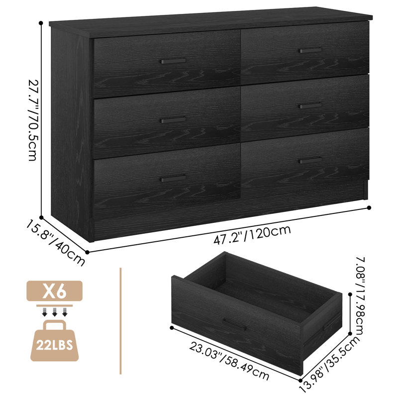 Kanagy 6 Drawer Double Dresser, Wood Storage Cabinet with Easy Pull Out Handles for Living Room,Chest of Drawers for Bedroom
