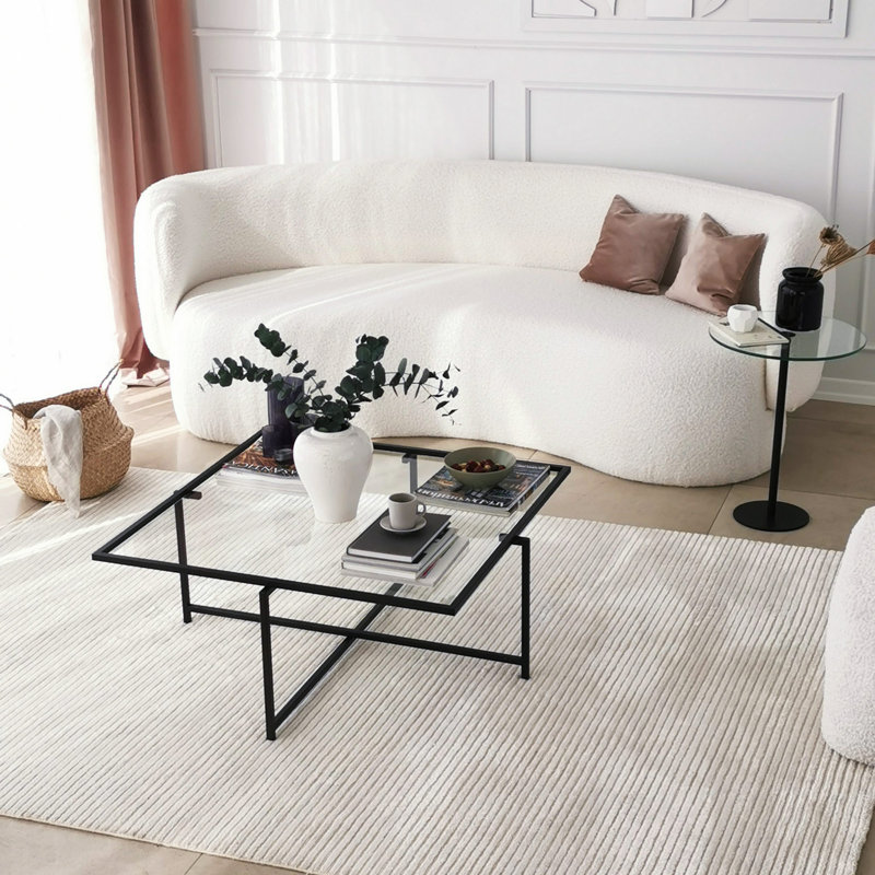 Modern Coffee Table with 100% Tempered Glass Top, Black Metal Legs, 33.5 x 13.8 x 33.5 Inches | Electrostatic Oven Dried Painting, Tarnish Resistant | Sleek Industrial Design for Contemporary Living Rooms