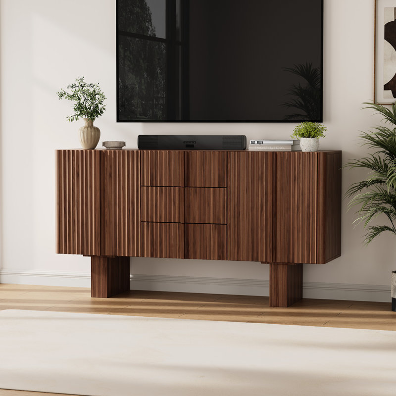 63'' Wood Fluted Sideboard Buffet Cabinet With Curved Edge and 3 Drawers, Walnut