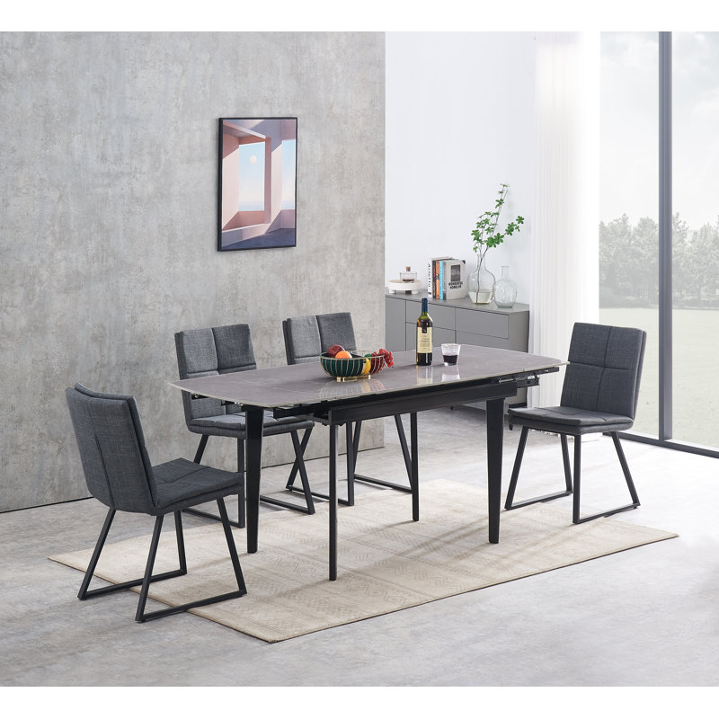 Kerin 80 cm Extendable Rectangular Stone Top Dining Table with Steel Base, Dark Grey