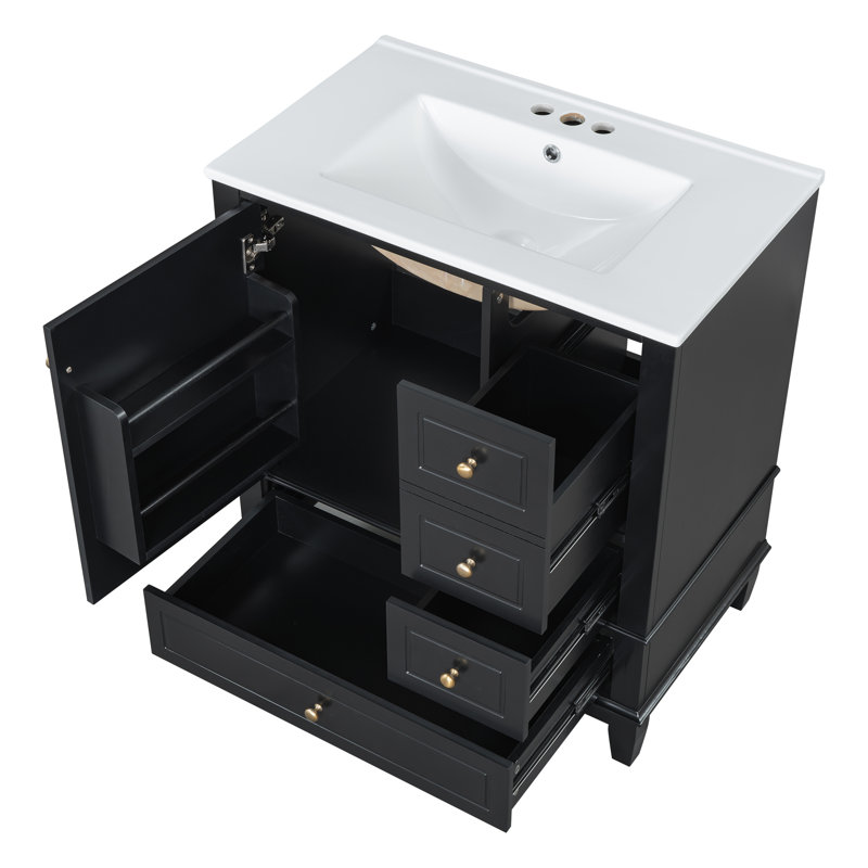 Meuble-lavabo avec lavabo, tablette et tiroirs, Noir, Doré
