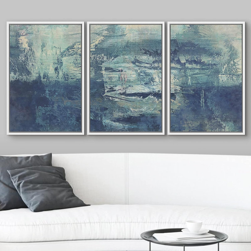 «Explosion de coups de peinture bleu clair et bleu marine», 3 pièces, H 36 po x l 72 po, Cadre flottant blanc