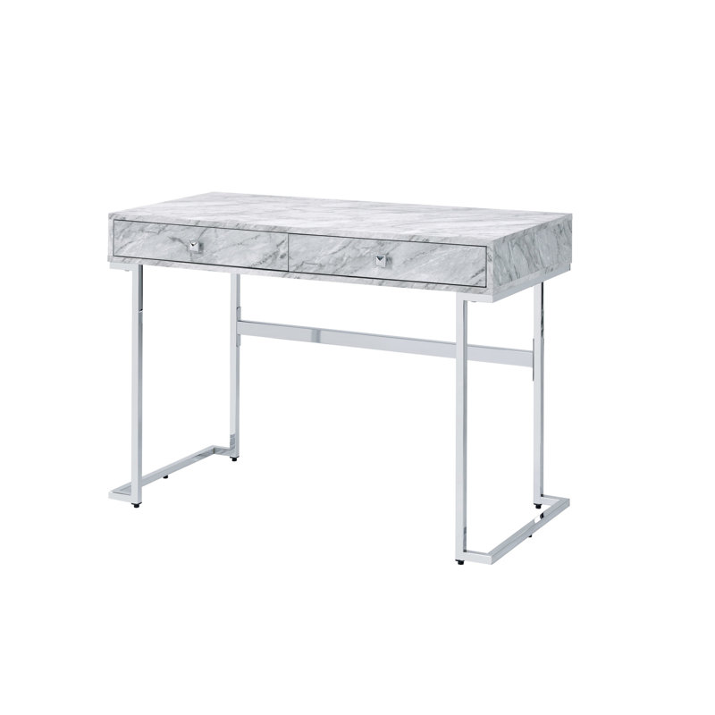 Bureau blanc en faux marbre avec rails et rangement