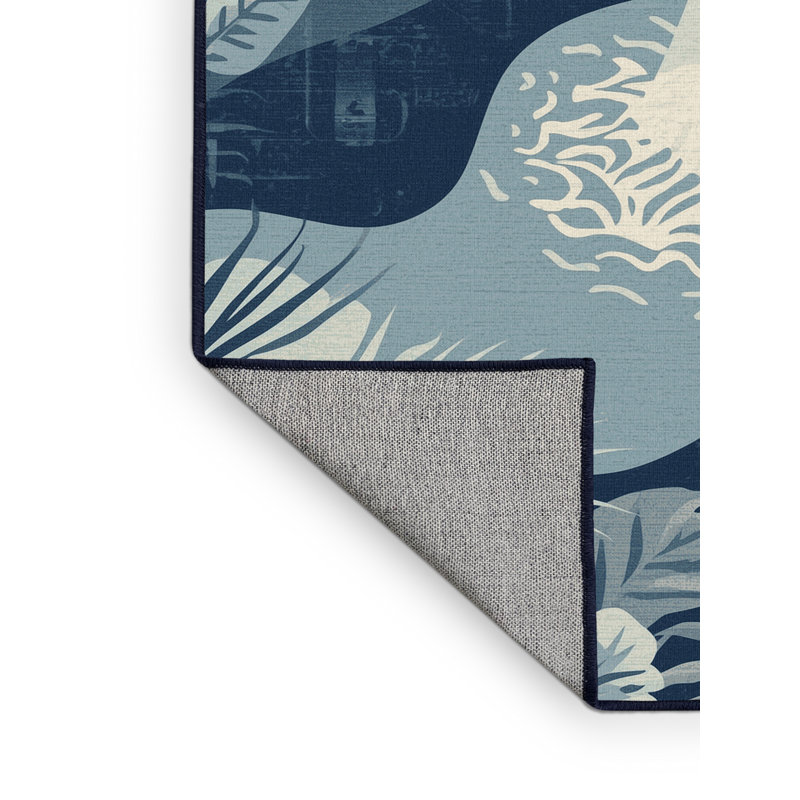 Machine Washable Paxon Tropical Floral Rug in Blue – Navy Binding, 2x3