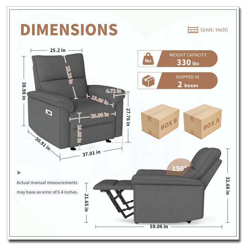 Power Recliner Chair,Electric Recliner For Living Room,Fabric Reclining Armchair For Small Space,Reclining Sofa For Bedroom/Apartment/RV,USB Port(Type-C)