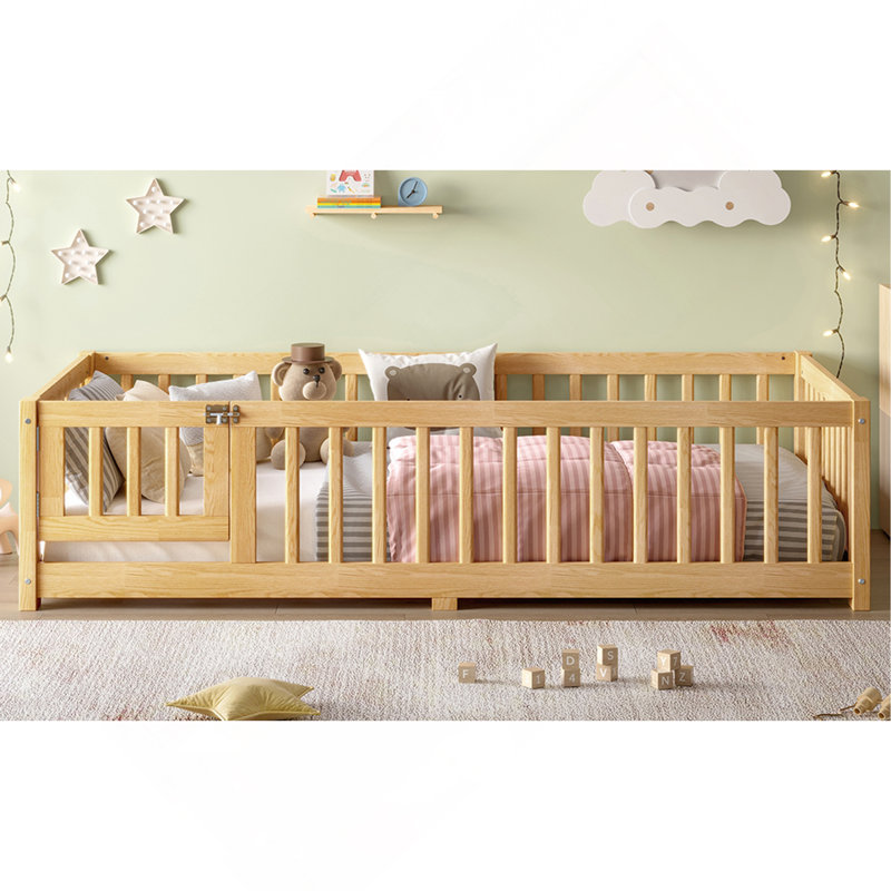 Lit au sol avec garde-corps et porte pour enfants, Naturel, Lit simple