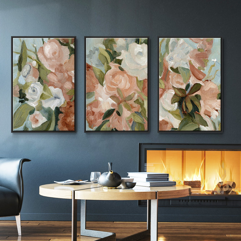 Bouquet Scatter II, ensemble de 3 toiles encadrées, Noir, H 40 po x l 78 po