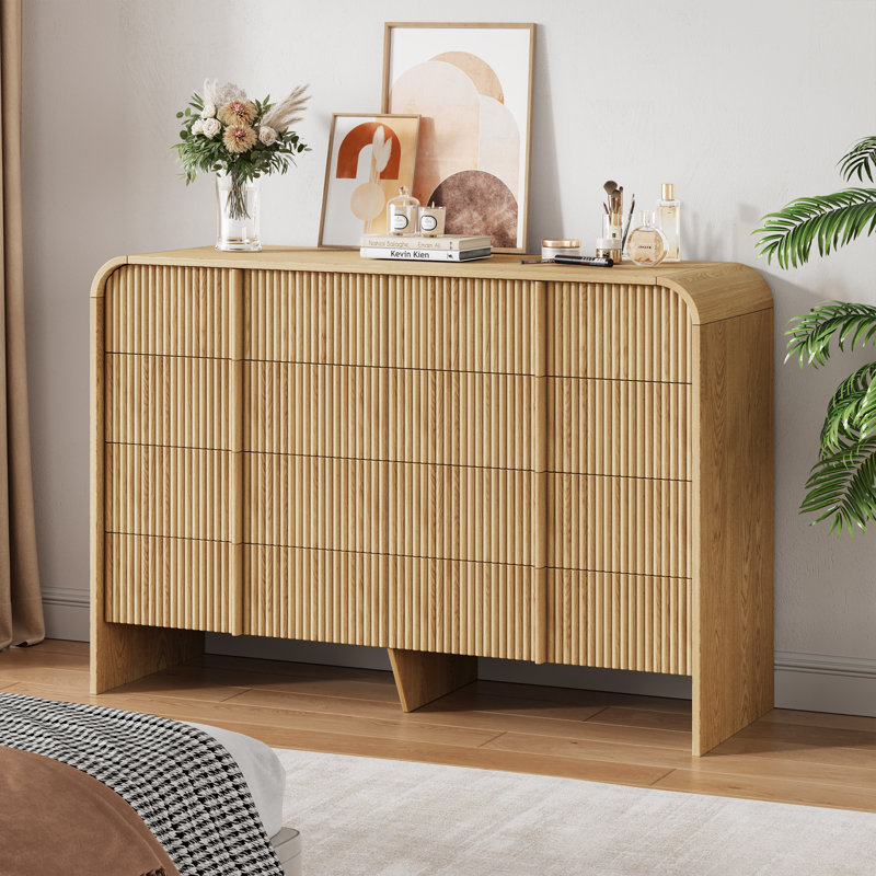 47.2” W Double Dresser with 8 Drawers, Modern Storage Organizer, Curved Profile Design, Brown