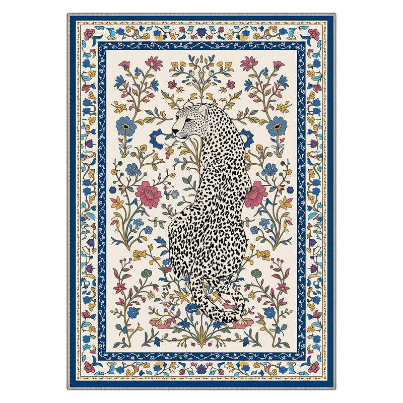 Exotic Leopard Floral Machine Washable Beige / Blue Indoor Area Rug with Non-Slip Backing, Round 5'