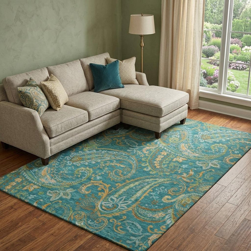 Tapis bleu sarcelle lavable 9 pi x 12 pi avec motif UV et motif cachemire délavé 9 pi x 12 pi
