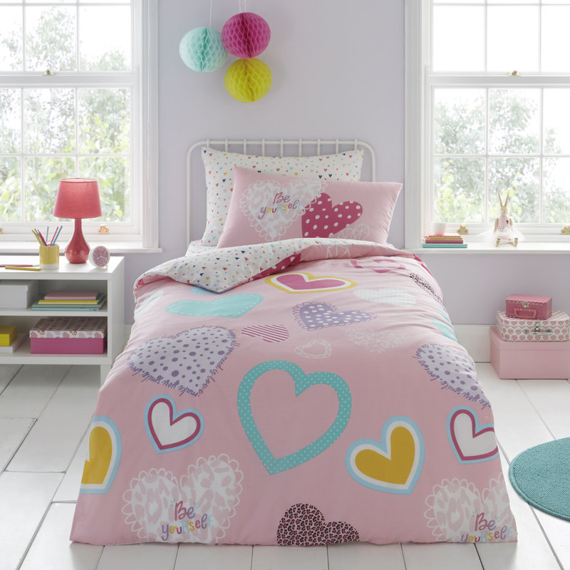 Kids Love Hearts Duvet Cover Set Cotton Blend Bedding Set with Pillowcases Soft Comfortable Quilt Cover Button Closure Easy Care Durable