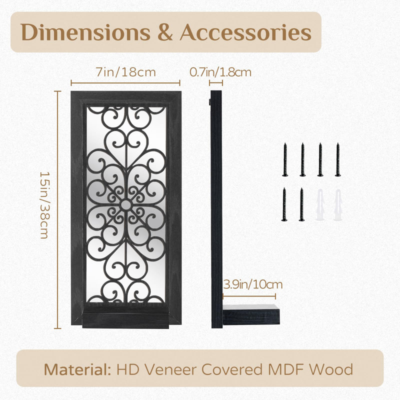 Rustic Candle Sconces Mirror Wall Decor - Black Mirrored Wall Sconce Decorative Set Of Two Wood Vintage Small Hanging Shelves For Farmhouse Living Room Kitchen Bedroom