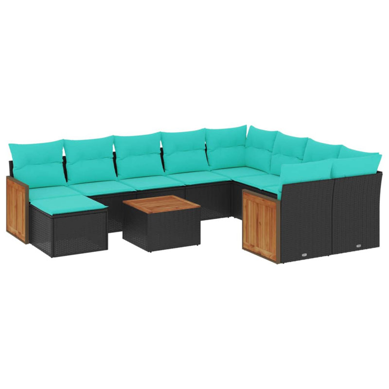 Ensemble de canapé de patio 11 pièces avec coussins en rotin de polyester, Bleu clair, Noir