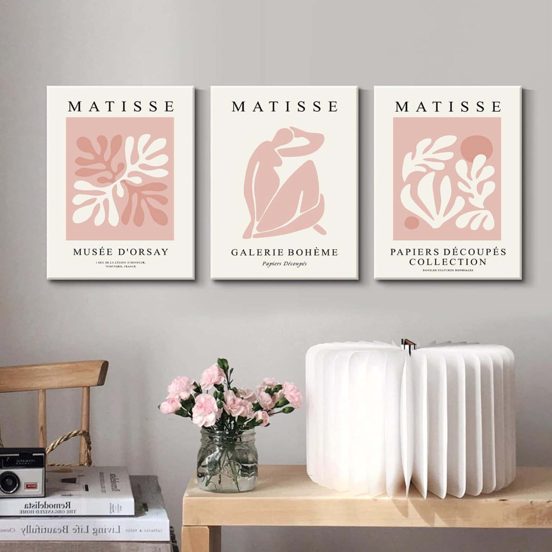 Matisse Abstract Canvas Wall Art Framed Set Of 3 Pink Flower Market Poster Prints Modern Aesthetic Pictures Minimalist Wall Decor Painting For Living