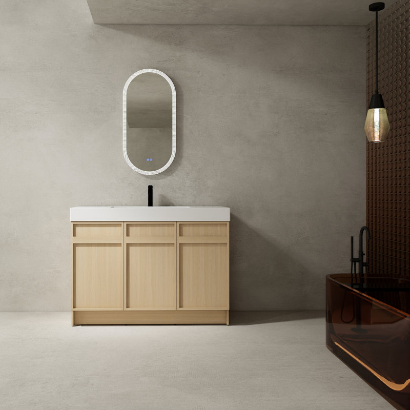 Armoire de salle de bain autoportante 48 po avec lavabo et portes en résine. Meuble-lavabo moderne en contreplaqué. Rangement spacieux. Conception ergonomique. Tablettes réglables à l'intérieur de la porte à fermeture en douceur du meuble-lavabo. Conception pour la salle de bain.