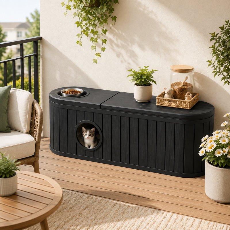 Meuble à litière 3 en 1 pour chat – Bac à litière dissimulé, couchage confortable et rangement, tout-en-un, Noir