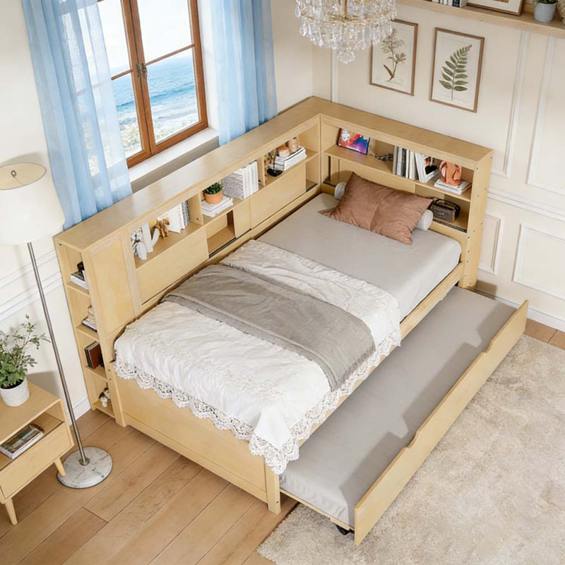 Twin Size Wood Daybed with Storage Shelves, USB and Trundle, Natural