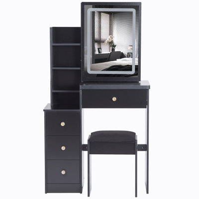 Vanity Table and Cushioned Stool with Sliding LED Mirror and five drawers