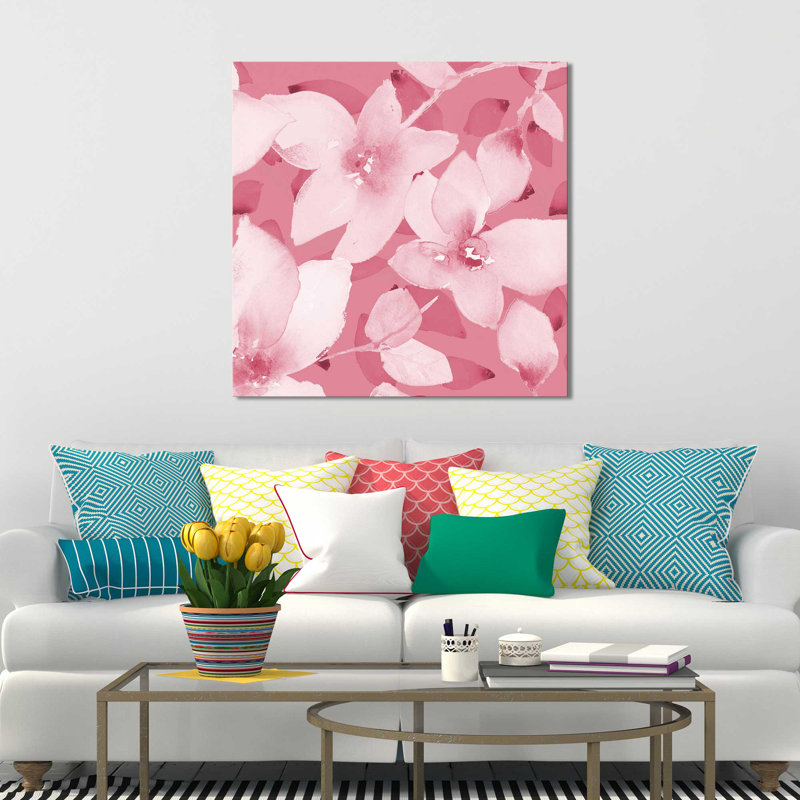 «Blooming Pink Whispers II», reproduction de peinture à l'aquarelle, H 18 po x l 18 po x P 1 po, Toile tendue