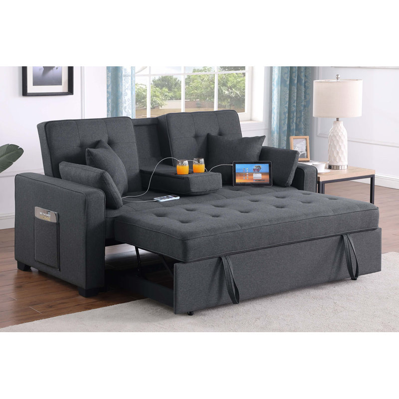 Causeuse-lit convertible avec console de chargement et siège à ressorts ensachés, Dark Gray Linen