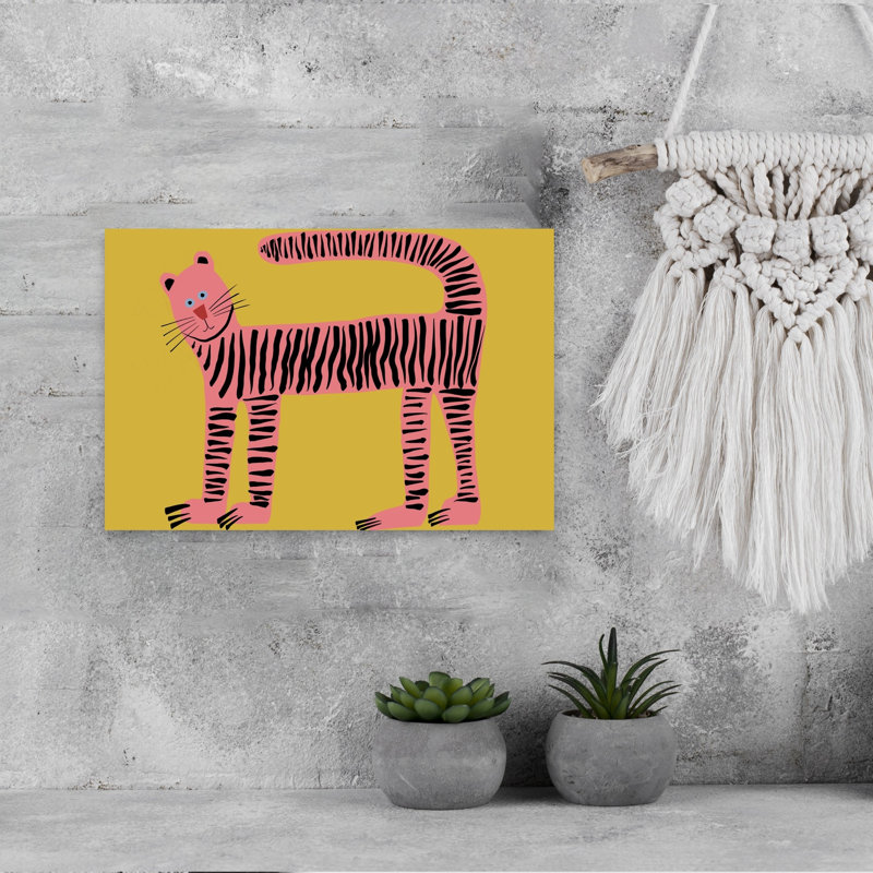 Whimsical Pink Tiger Modern Playful Whimsical Cat Tiger Wall Art Print by Sharyn Bursic - Wrapped Canvas Print