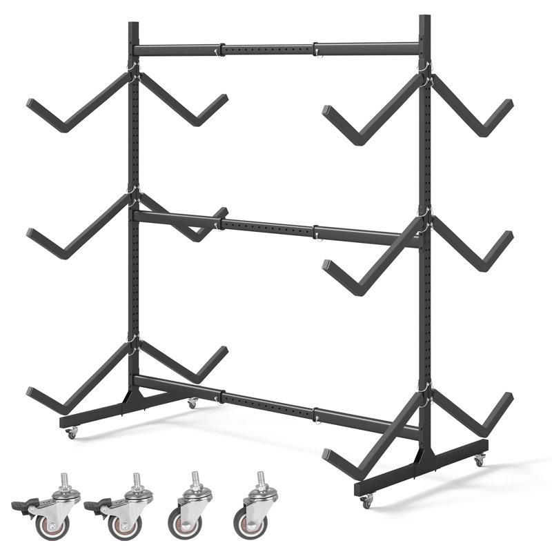 Launda 3-Level Freestanding Adjustable Kayak Rack With Padded Arms And Lockable Wheels