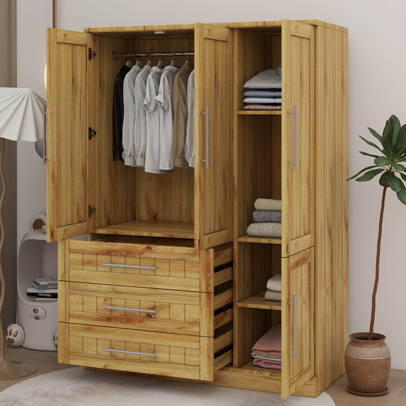 Armoire penderie 4 portes avec tiroirs de rangement, Naturel