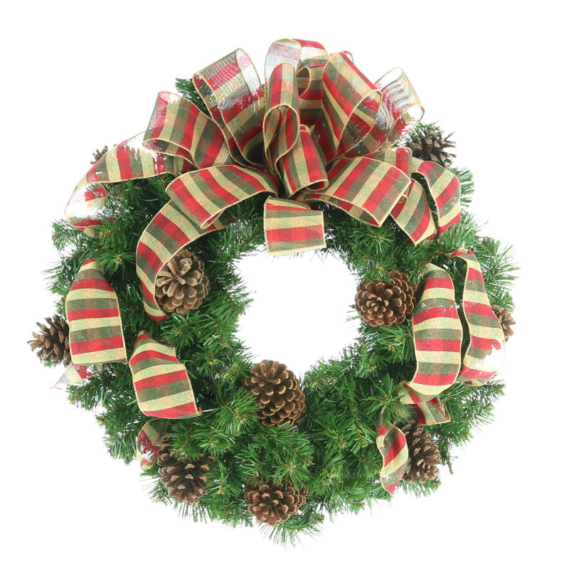 Evergreen Wreath with Pinecones and Plaid Ribbon