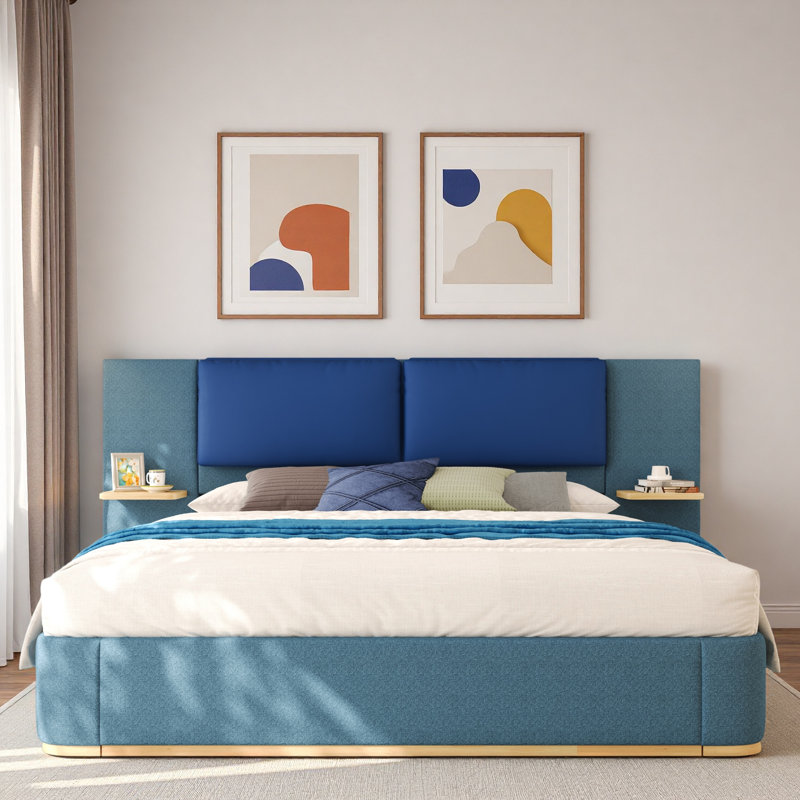 Lit plateforme tapissier avec tablettes, Bleu, Très grand lit