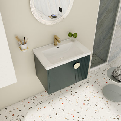 Bathroom Vanity With Ceramic Sink - 28 Inch, Wall Mounted, Soft Close, Modern Touch 28" Sink, Close Door, Style For Small Bathrooms, Plywood Stand