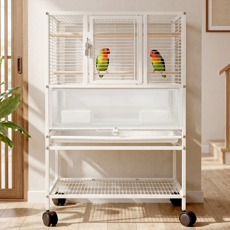 Cage à oiseau H 32 po avec support de rangement, cage à oiseau large en métal blanc pour perroquets, perruches, cockatiels, pigeons, conures, inséparables, perruches