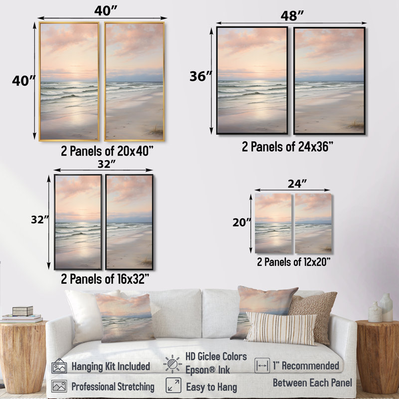 Plage sereine douce rose pastel lever de soleil - impressions sur toile côtières, Noir, H 36 po x l 48 po