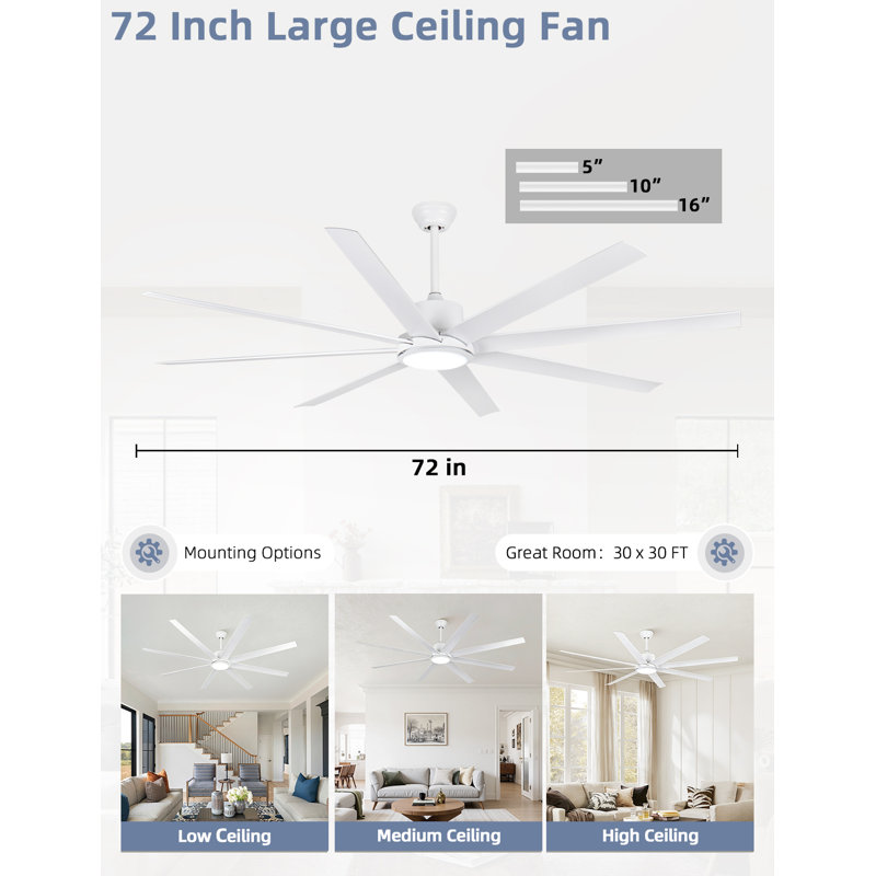 72 In. Standard Ceiling Fan With Light And Remote Control, 3-Color Led Light, Reversible Dc Motor, White, White