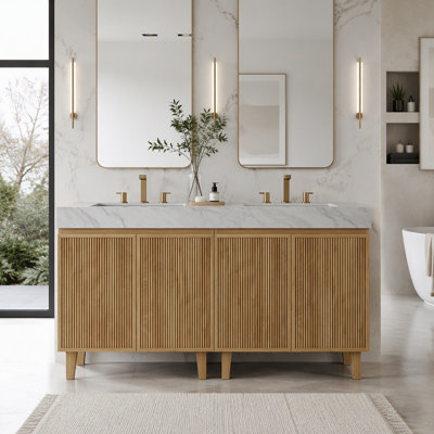 Meuble-lavabo avec lavabo en céramique et comptoir en pierre frittée veinée, sur pied