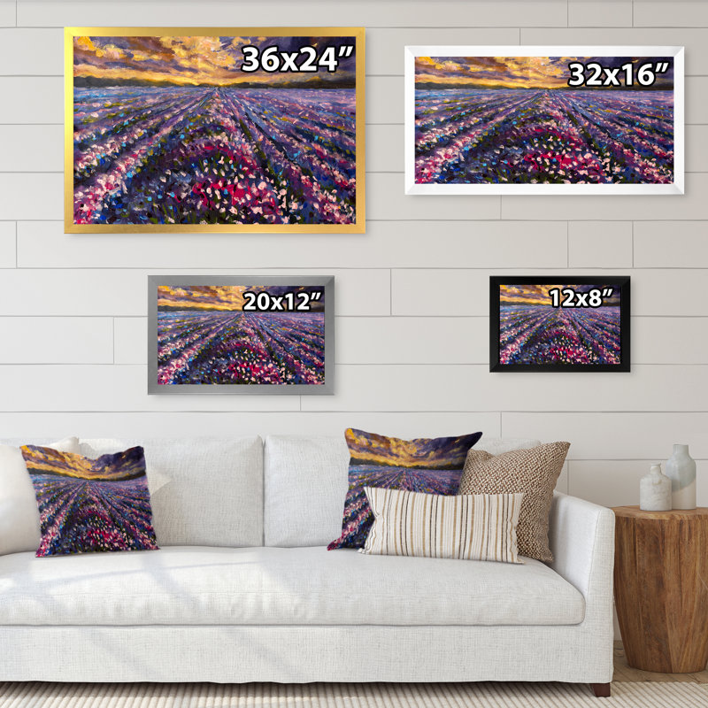 Lavande, champ mauve, coucher de soleil III, reproduction sur toile flottante, Cadre noir, H 8 po x l 12 po x P 1 po