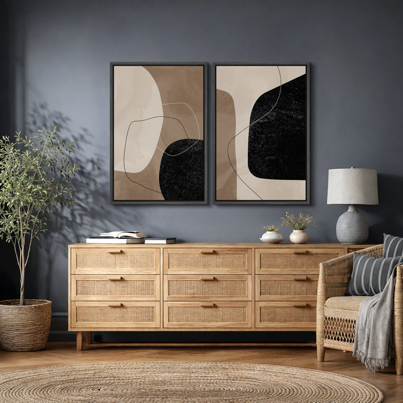 Forme Mid-Century «brun chaud et noir délavé, lignes abstraites, images murales modernes minimalistes neutres, impression sur toile encadrée 2 pièces, 16 x 24 x 2, 24 x 36 x 2
