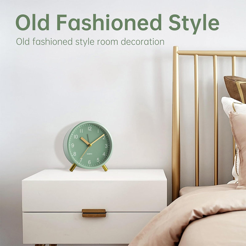 Analog Alarm Clock, 4 Inch Super Silent Non Ticking Small Clock With Night Light, Battery Alarm Clock ,  Alarm Clocks For Bedrooms,Simple Design Table Clock (Green+Gold)
