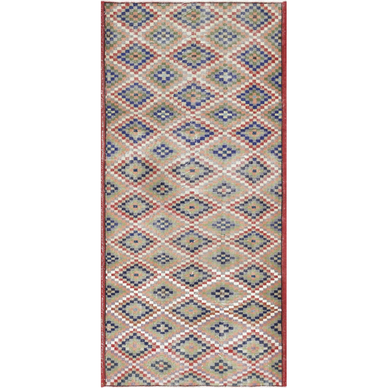 Tapis de couloir unique en laine noué à la main de style années 1960 de 3 pi 9 po x 7 pi 8 po en rouge / crème / bleu
