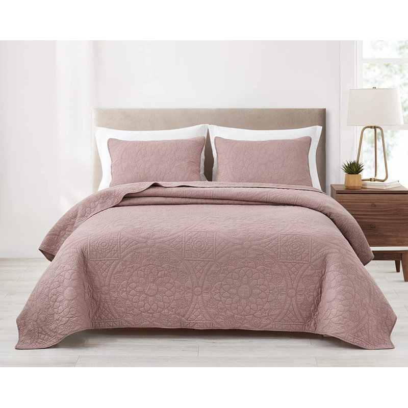 Octavia Floral Medallion Embroidered Pre-Washed Cotton Quilt Set, King Quilt + 2 King Shams, Woodrose