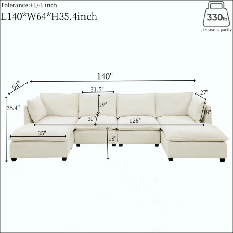 Canapé modulaire Cloud Couch, canapé 4 places en chenille avec assise profonde, 2 repose-pieds et coussins décoratifs pour le salon