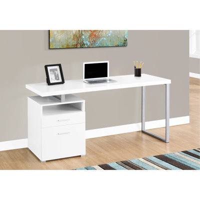 Bureau d'écriture pour bureau à domicile avec tiroirs: l 60 po, stratifié blanc, station de travail en métal gris: métal, tiroirs