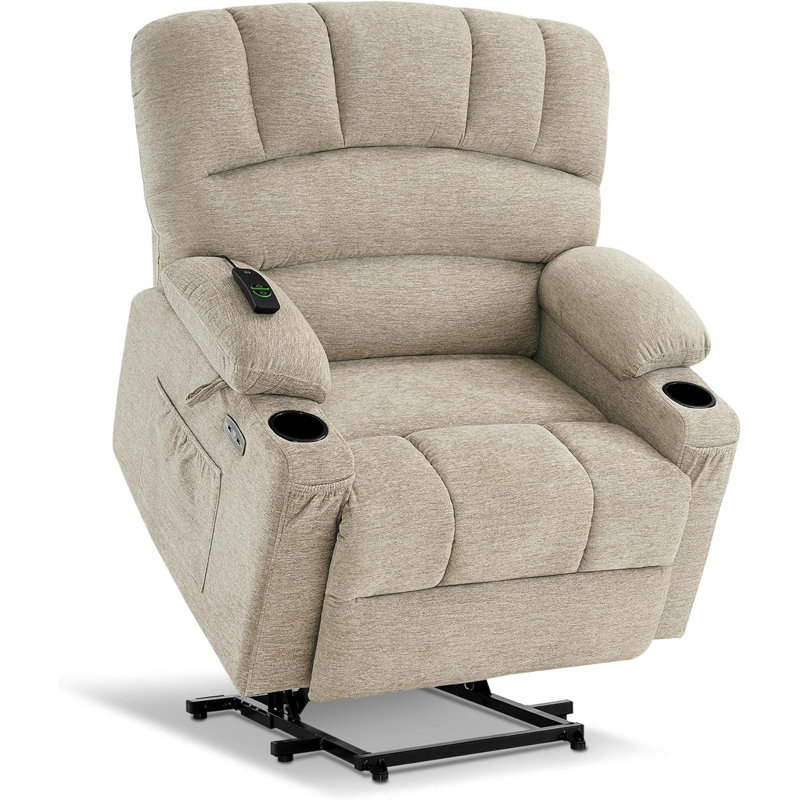 27.2" Extra Seat Width Power Recliner Lift Chair with Massage and Heat for Height 4'6"-5'2, Fabric, Beige Fabric