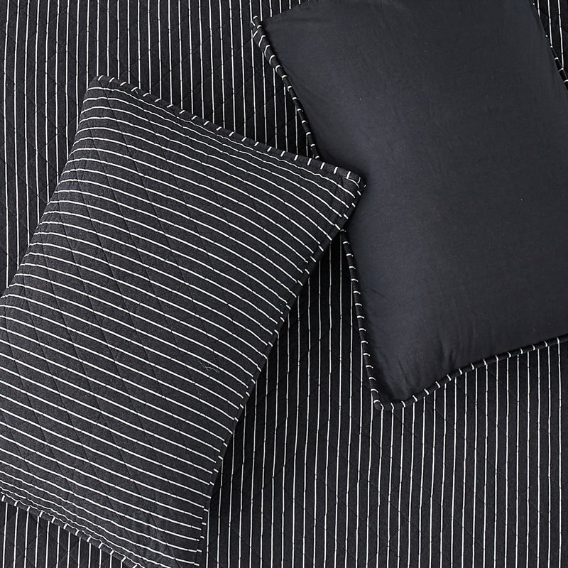 Pinstripe Black Cotton Reversible Full Quilt Set