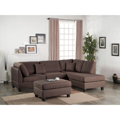 Chocolate Color 3Pcs Sectional Living Room Furniture Reversible Chaise Sofa And Ottoman Polyfiber Linen Like Fabric Cushion Couch