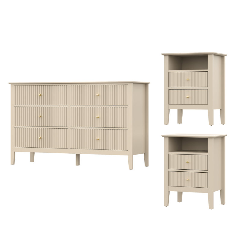 Ensemble de meubles 3 pièces, commode 6 tiroirs et tables de chevet 2 pièces