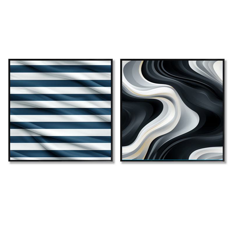 Aymane - Ensemble de 2 collages carrés à formes abstraites, Cadre flottant noir, H 16 po x l 33 po